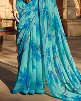 Vishal Prints Pacific Blue Printed Georgette Saree With Fancy Border