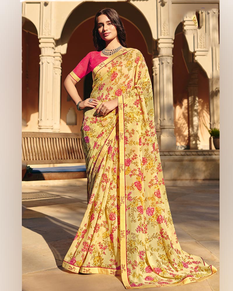 Vishal Prints Pastel Orange Printed Georgette Saree With Fancy Border