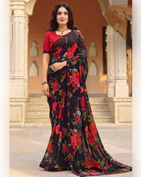Vishal Prints Charcoal Black Printed Georgette Saree With Fancy Border