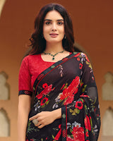 Vishal Prints Charcoal Black Printed Georgette Saree With Fancy Border