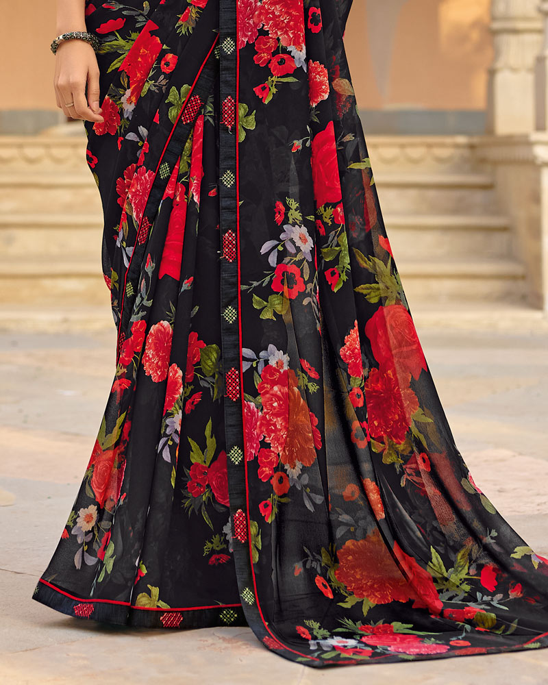 Vishal Prints Charcoal Black Printed Georgette Saree With Fancy Border