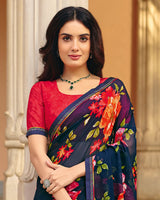 Vishal Prints Zodiac Blue Printed Georgette Saree With Fancy Border