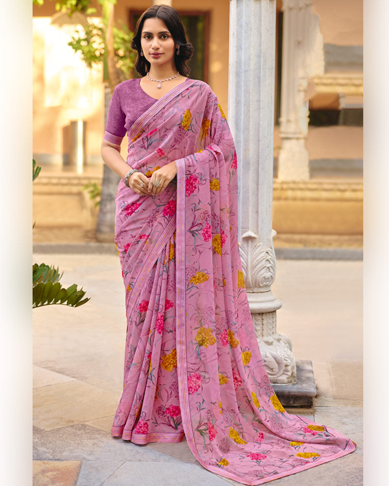 Vishal Prints Dusty Pink Printed Georgette Saree With Fancy Border