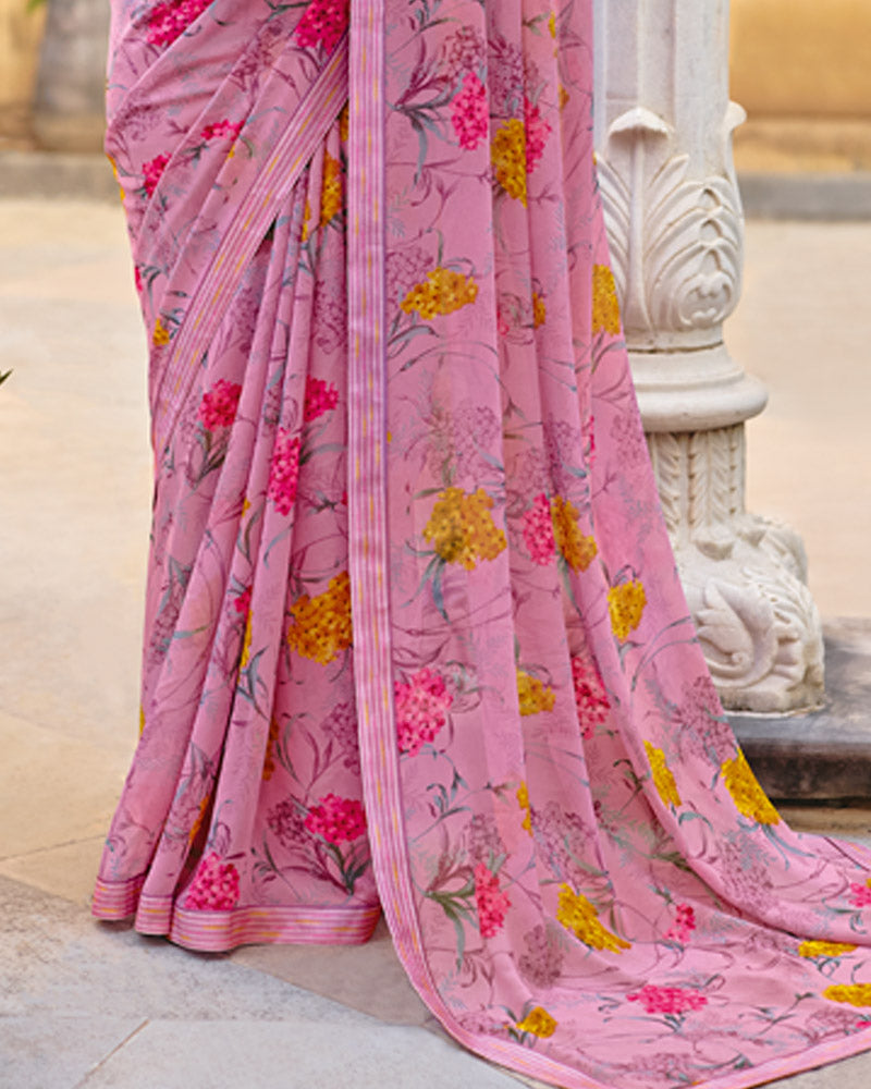 Vishal Prints Dusty Pink Printed Georgette Saree With Fancy Border