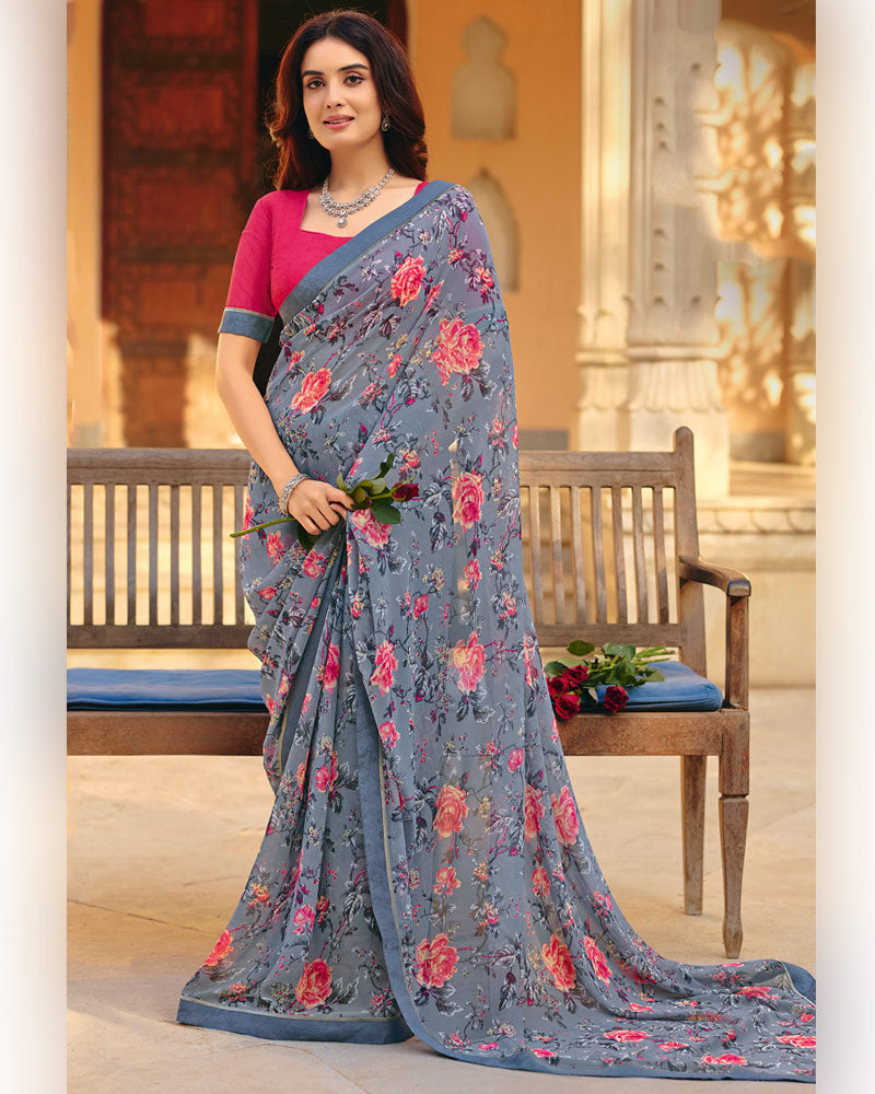 Vishal Prints Storm Grey Printed Georgette Saree With Fancy Border