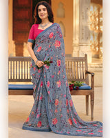 Vishal Prints Storm Grey Printed Georgette Saree With Fancy Border
