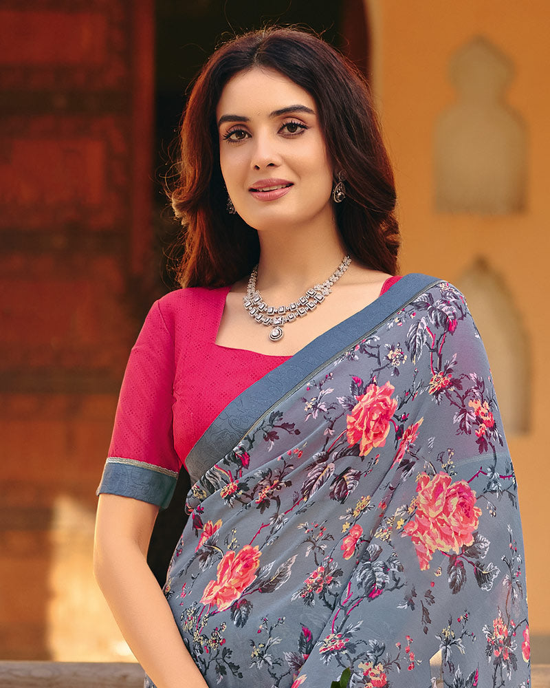 Vishal Prints Storm Grey Printed Georgette Saree With Fancy Border