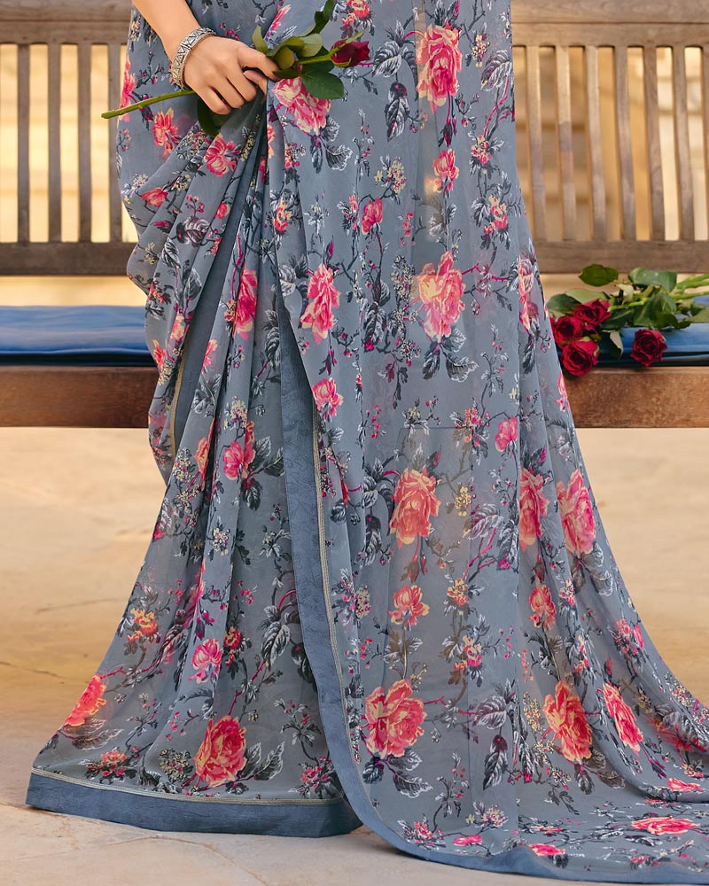 Vishal Prints Storm Grey Printed Georgette Saree With Fancy Border