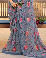 Vishal Prints Storm Grey Printed Georgette Saree With Fancy Border