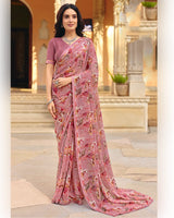 Vishal Prints Dusty Rose Pink Printed Georgette Saree With Fancy Border