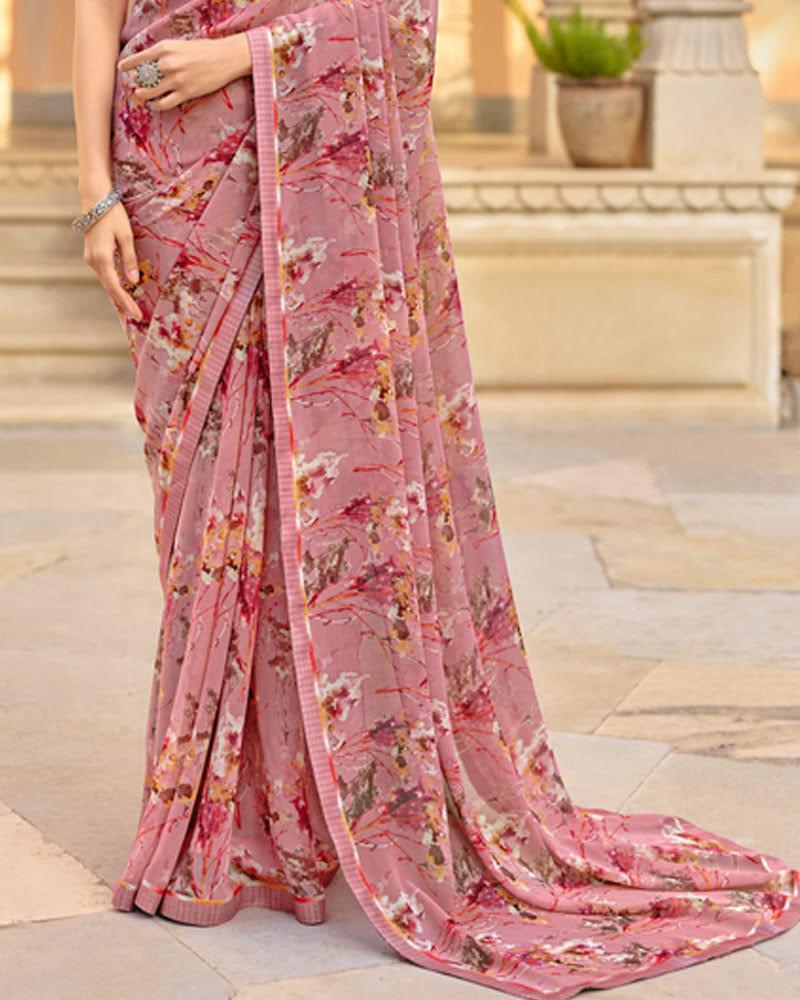 Vishal Prints Dusty Rose Pink Printed Georgette Saree With Fancy Border