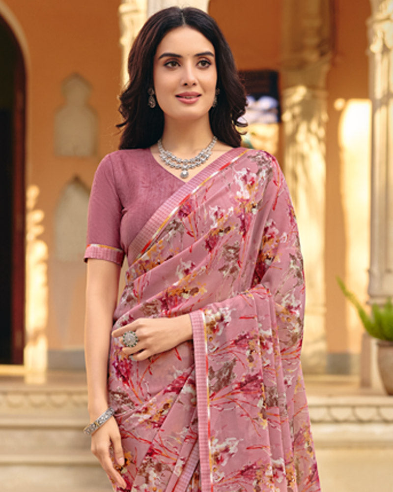Vishal Prints Dusty Rose Pink Printed Georgette Saree With Fancy Border