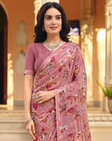Vishal Prints Dusty Rose Pink Printed Georgette Saree With Fancy Border