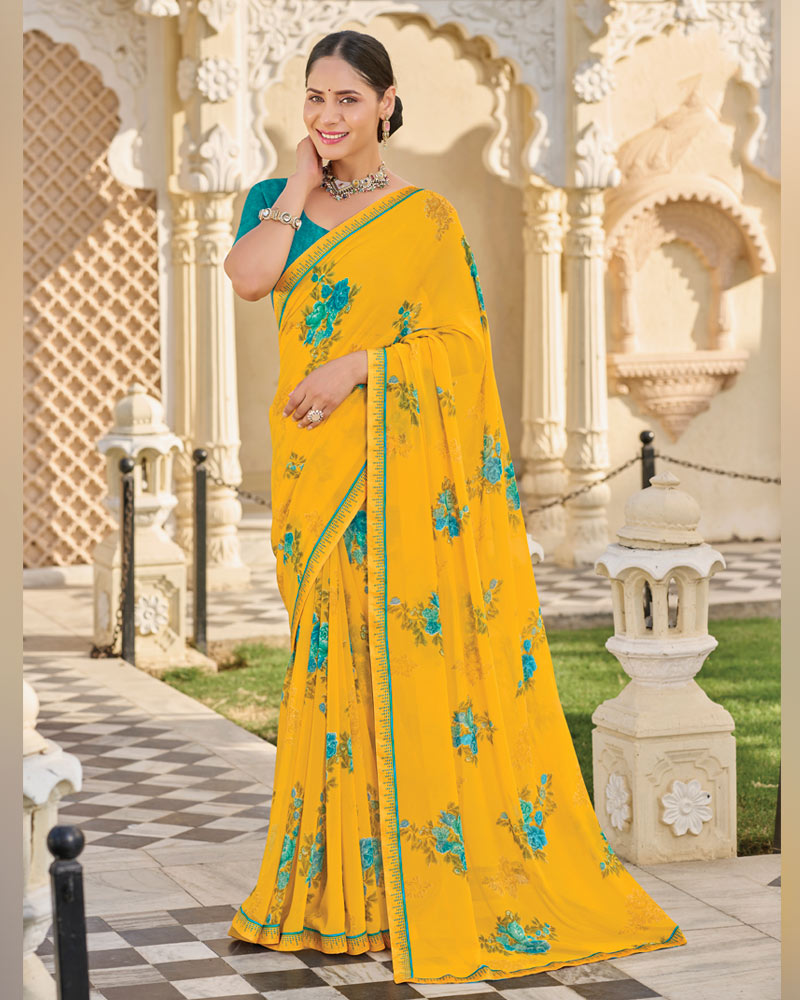 Vishal Prints Bright Yellow Printed Georgette Saree With Fancy Border