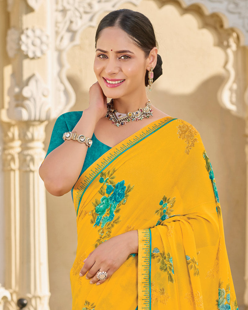 Vishal Prints Bright Yellow Printed Georgette Saree With Fancy Border
