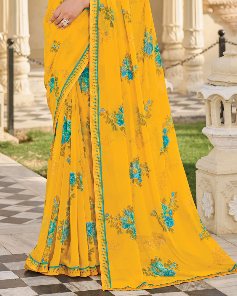 Vishal Prints Bright Yellow Printed Georgette Saree With Fancy Border
