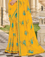 Vishal Prints Bright Yellow Printed Georgette Saree With Fancy Border