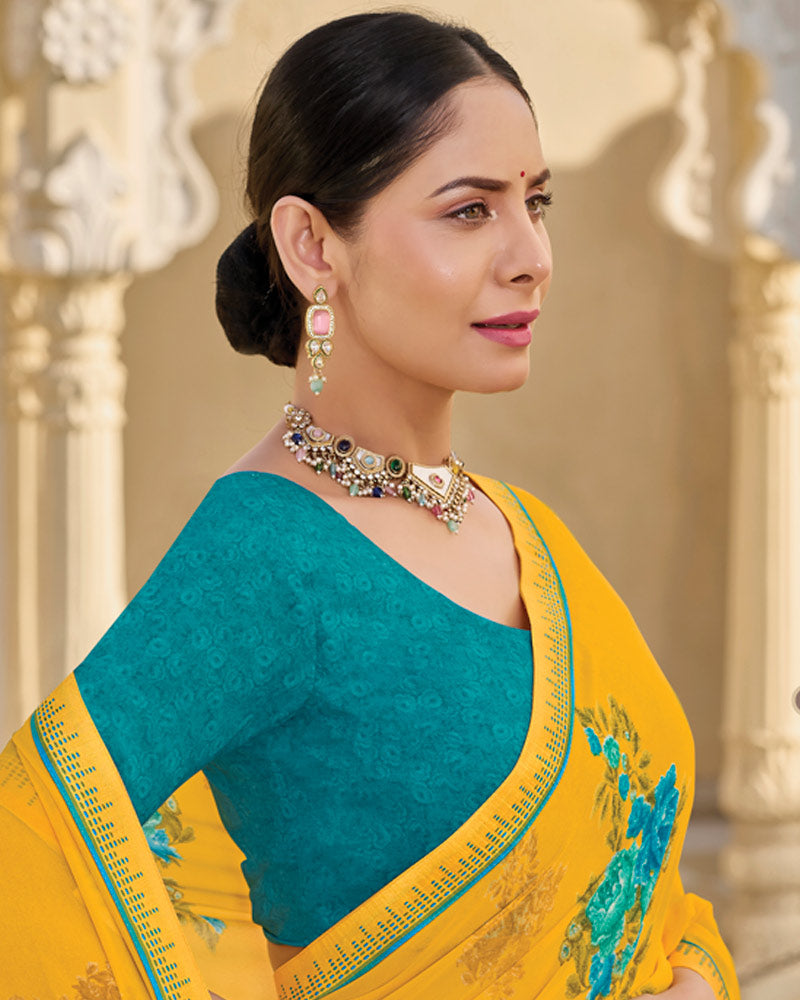 Vishal Prints Bright Yellow Printed Georgette Saree With Fancy Border