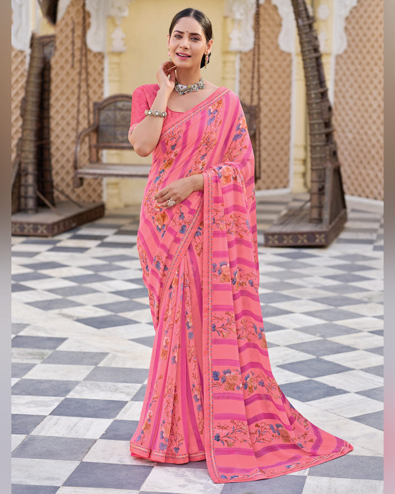 Vishal Prints Fuchsia Pink Printed Georgette Saree With Fancy Border