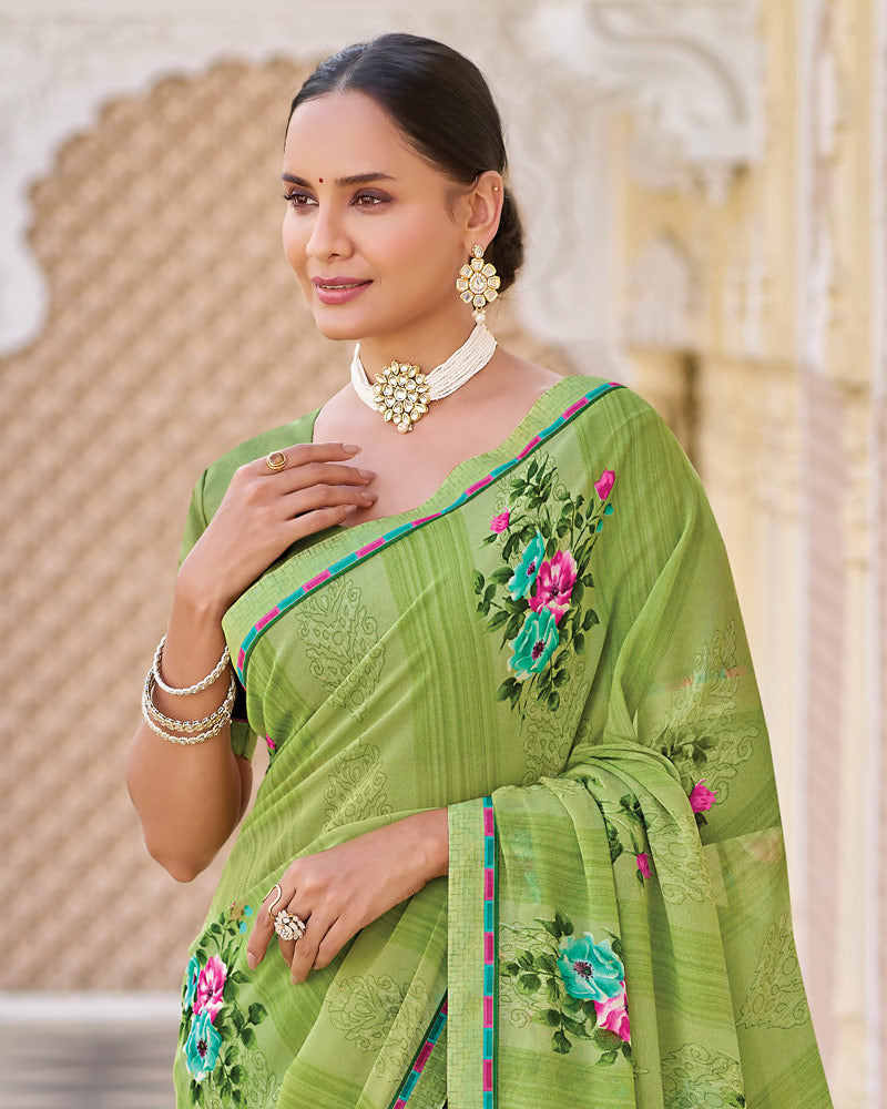 Vishal Prints Light Green Printed Georgette Saree With Fancy Border