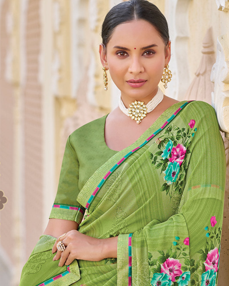Vishal Prints Light Green Printed Georgette Saree With Fancy Border