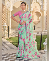 Vishal Prints Light Pale Green Printed Georgette Saree With Fancy Border