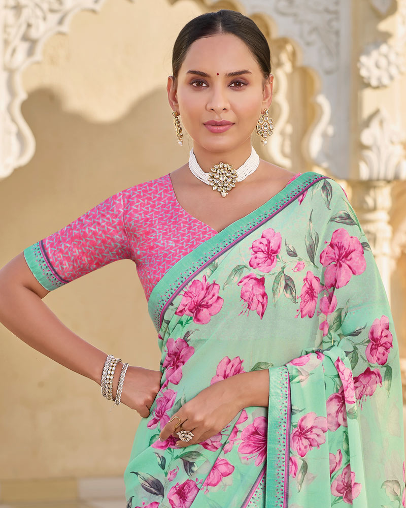 Vishal Prints Light Pale Green Printed Georgette Saree With Fancy Border