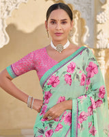 Vishal Prints Light Pale Green Printed Georgette Saree With Fancy Border