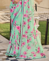 Vishal Prints Light Pale Green Printed Georgette Saree With Fancy Border