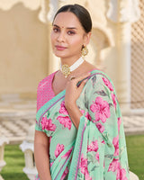 Vishal Prints Light Pale Green Printed Georgette Saree With Fancy Border