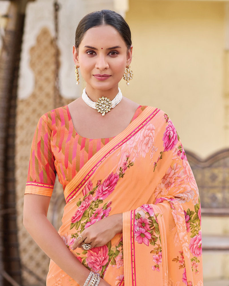 Vishal Prints Dusty Orange Printed Georgette Saree With Fancy Border