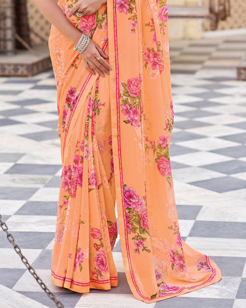 Vishal Prints Dusty Orange Printed Georgette Saree With Fancy Border