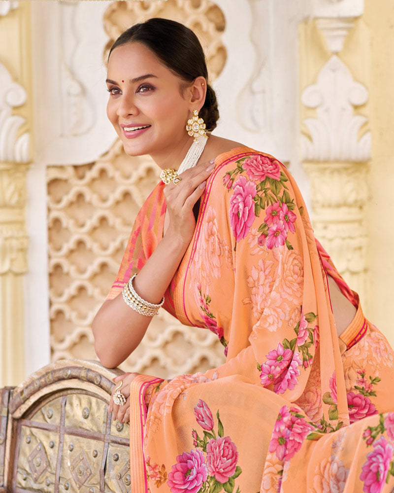 Vishal Prints Dusty Orange Printed Georgette Saree With Fancy Border