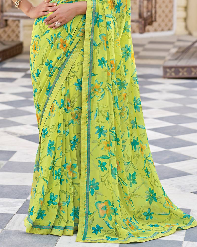 Vishal Prints Lime Green Printed Georgette Saree With Fancy Border