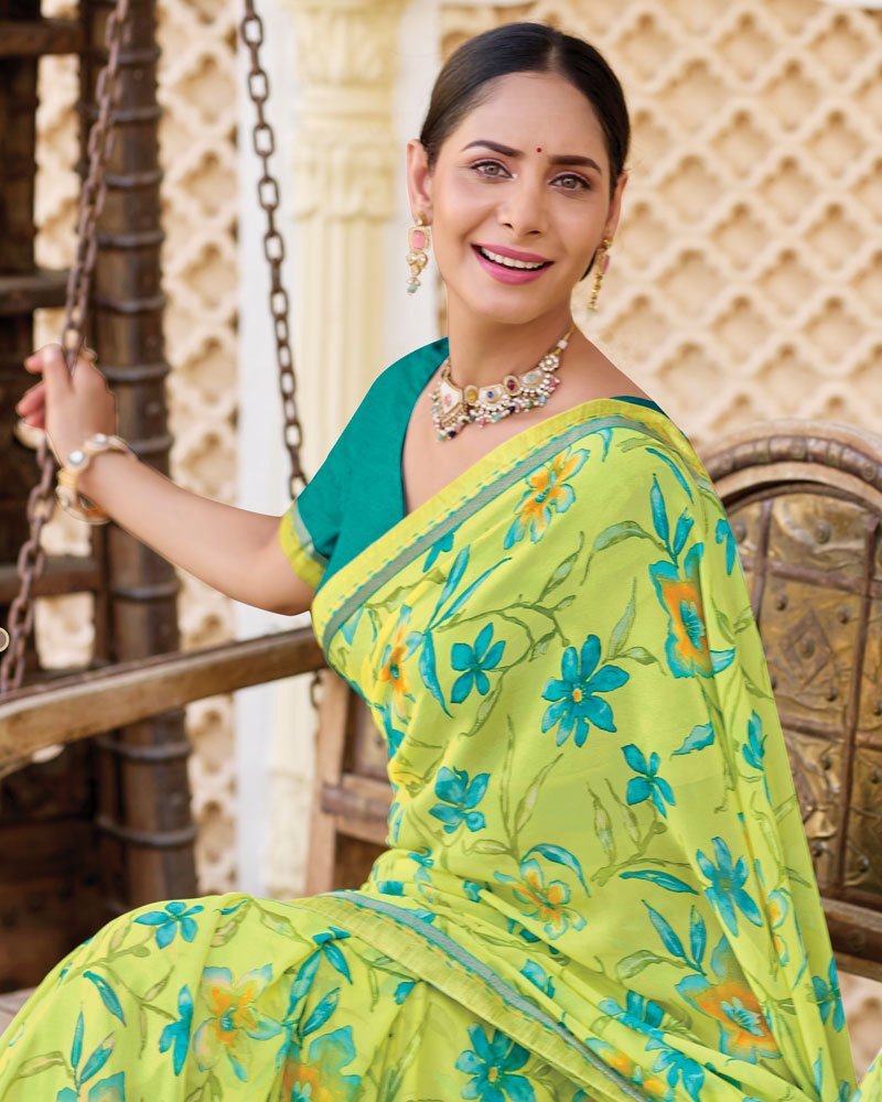 Vishal Prints Lime Green Printed Georgette Saree With Fancy Border