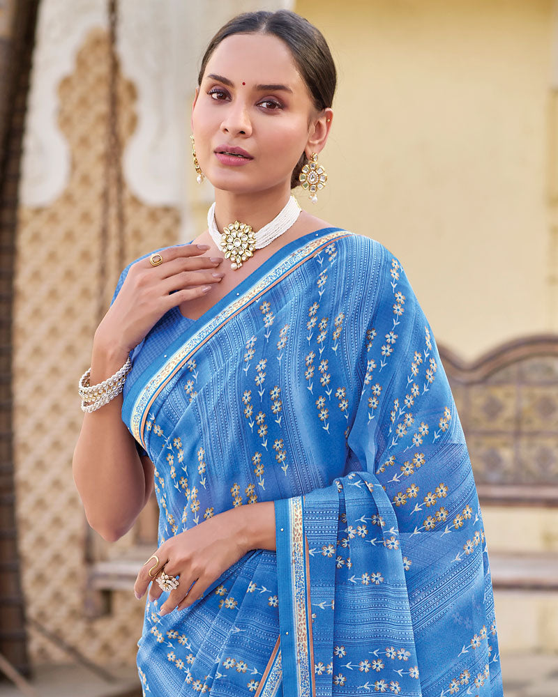 Vishal Prints Electric Blue Printed Georgette Saree With Fancy Border