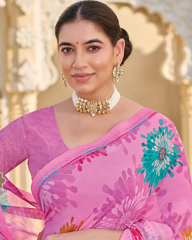 Vishal Prints Magenta Pink Printed Georgette Saree With Fancy Border