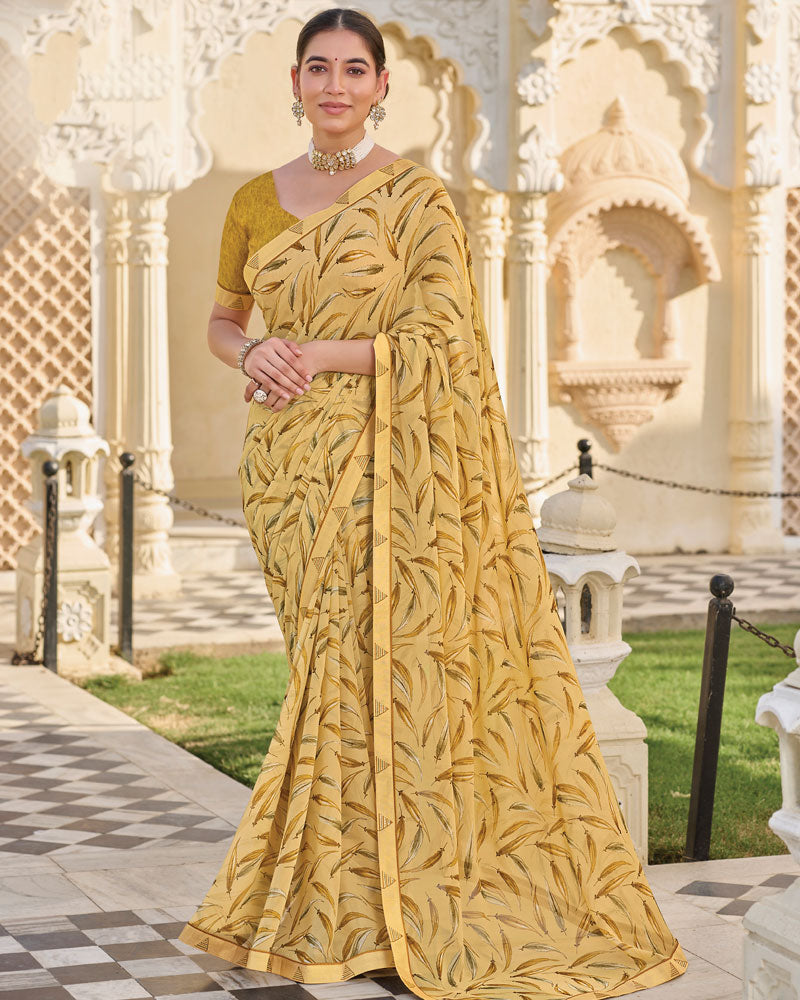 Vishal Prints Pale Wheat Printed Georgette Saree With Fancy Border