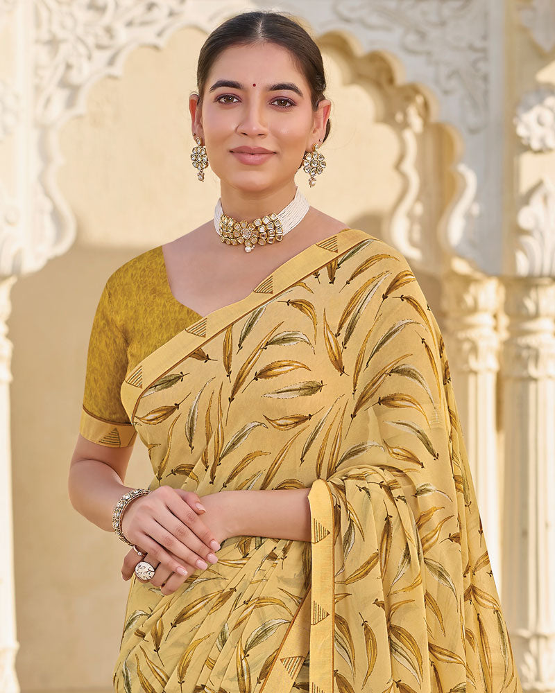 Vishal Prints Pale Wheat Printed Georgette Saree With Fancy Border