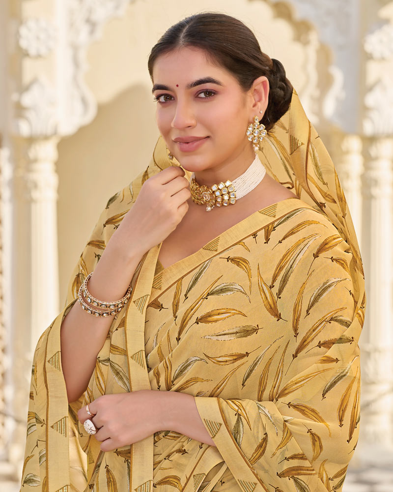 Vishal Prints Pale Wheat Printed Georgette Saree With Fancy Border