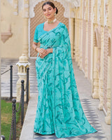Vishal Prints Teal Blue Printed Georgette Saree With Fancy Border