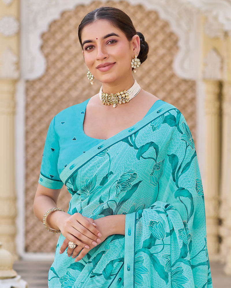 Vishal Prints Teal Blue Printed Georgette Saree With Fancy Border