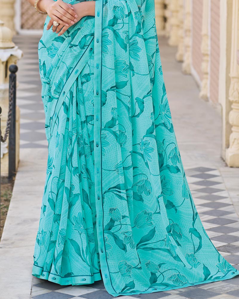 Vishal Prints Teal Blue Printed Georgette Saree With Fancy Border