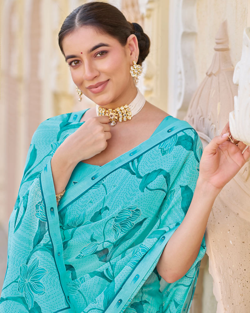 Vishal Prints Teal Blue Printed Georgette Saree With Fancy Border