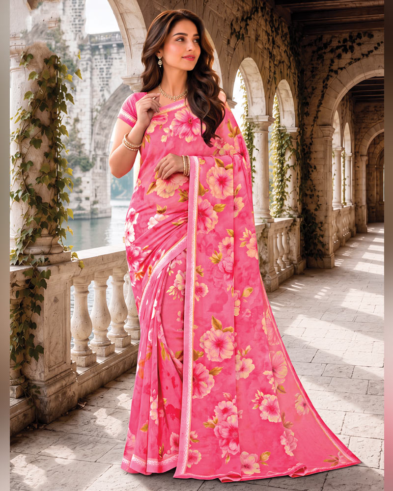 Vishal Prints Deep Blush Pink Digital Print Georgette Saree With Fancy Border