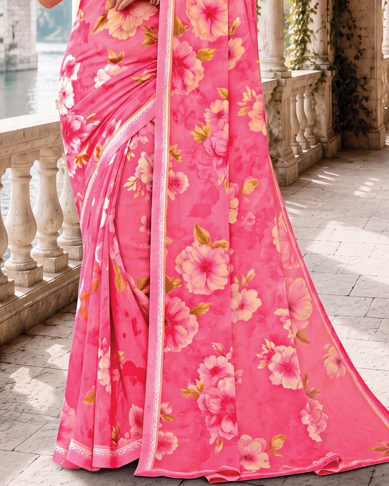 Vishal Prints Deep Blush Pink Digital Print Georgette Saree With Fancy Border