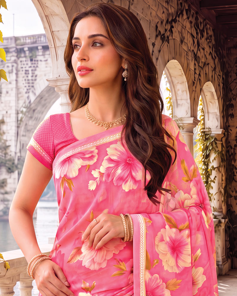 Vishal Prints Deep Blush Pink Digital Print Georgette Saree With Fancy Border