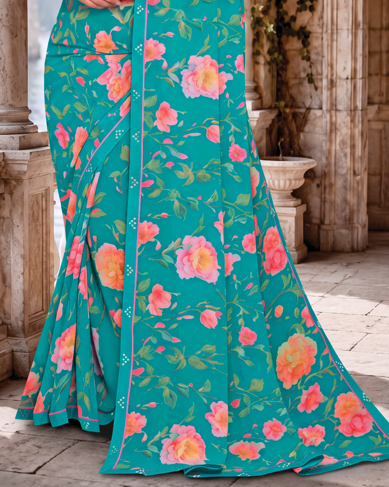Vishal Prints Teal Blue Digital Print Georgette Saree With Fancy Border