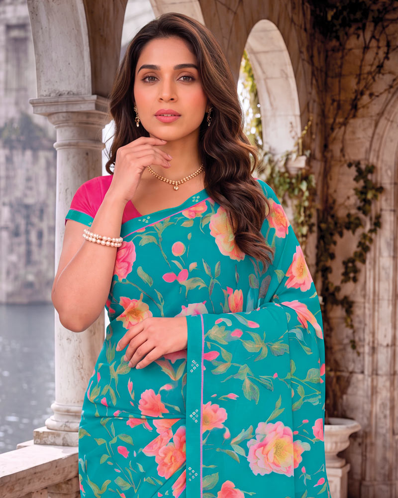 Vishal Prints Teal Blue Digital Print Georgette Saree With Fancy Border