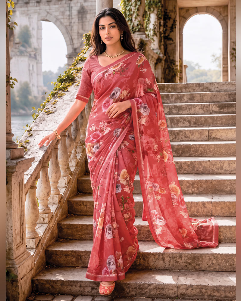 Vishal Prints Dusty Red Digital Print Georgette Saree With Fancy Border